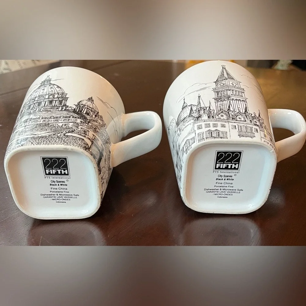 Set Of 2 222 Fifth PTS City Scenes Venice and Rome Mug Cup Black And White